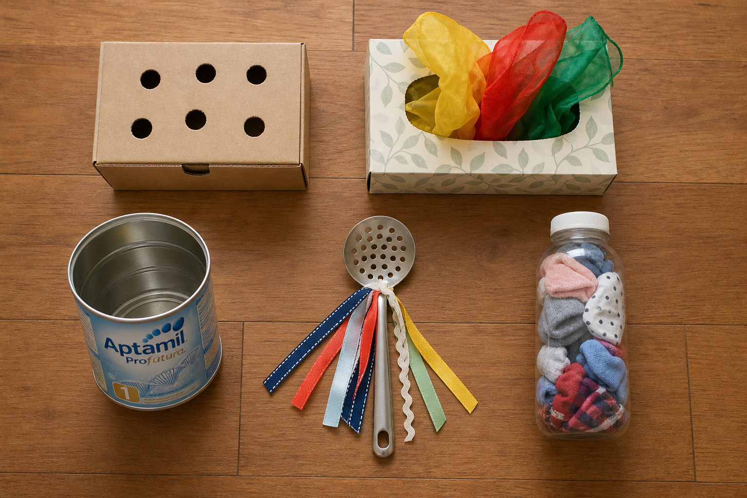 A neat flatlay of 5 DIY baby toys on a warm wooden