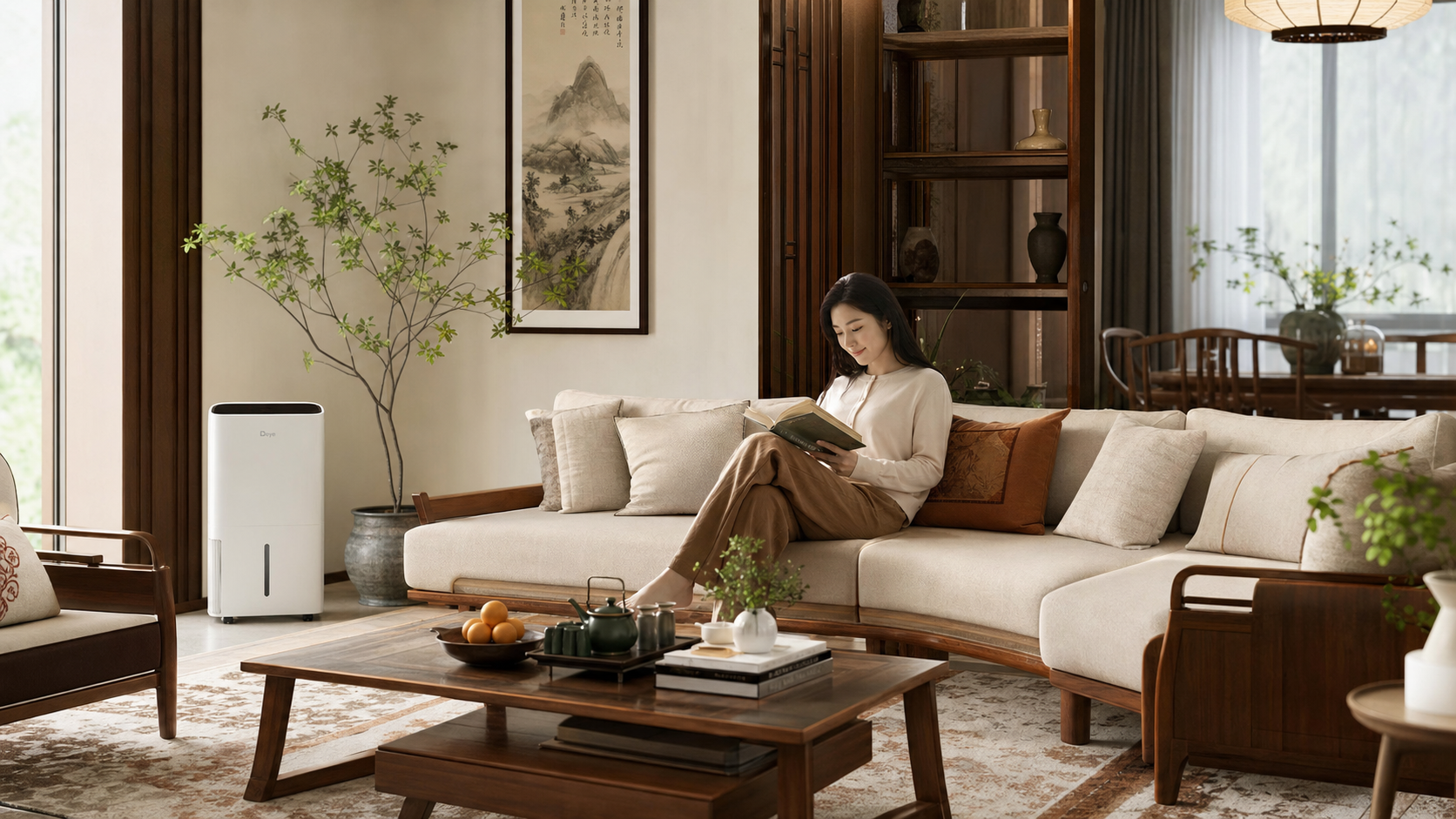 A bright and cozy Chinese style living room, a mod