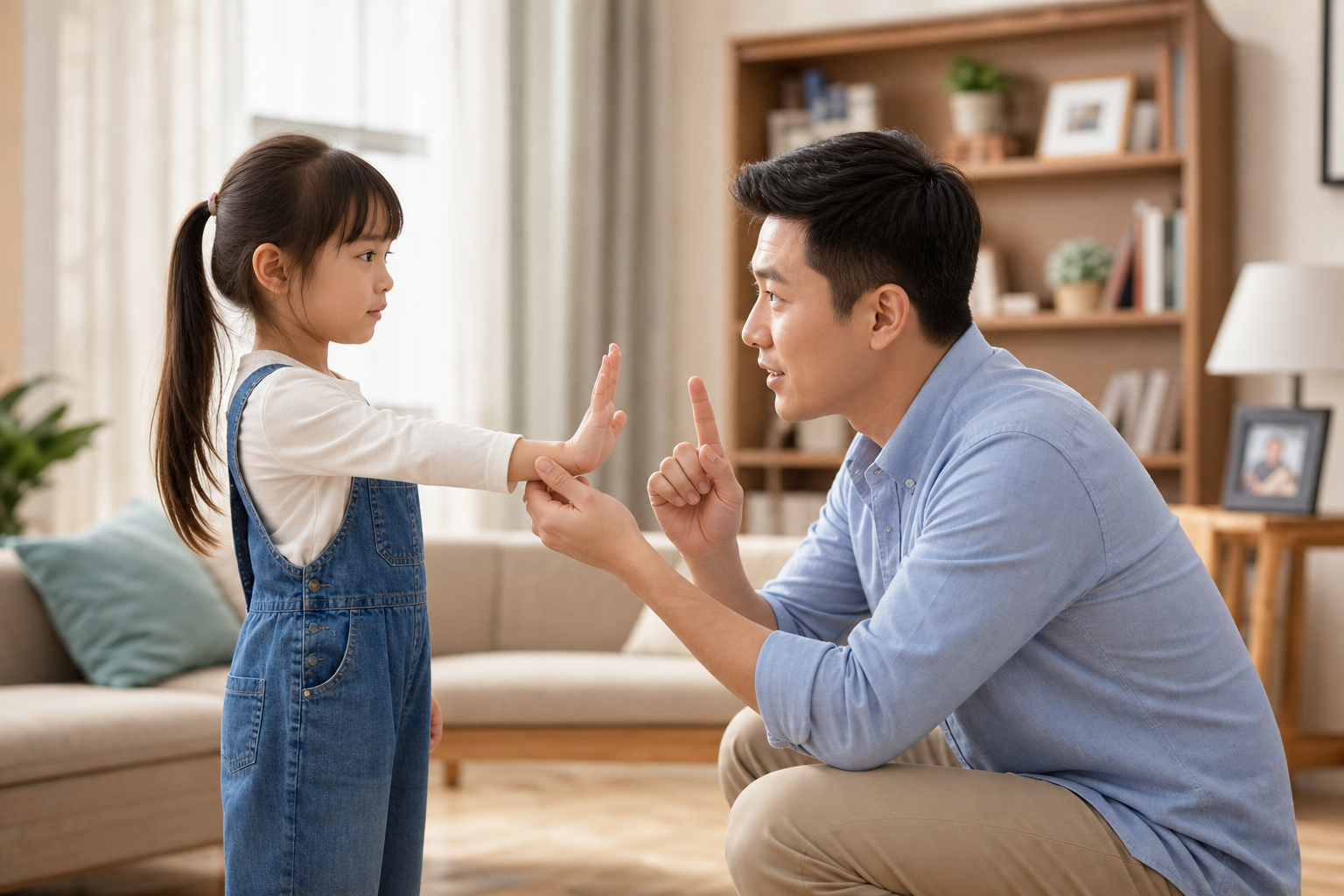 A caring Chinese father kneeling down to eye level