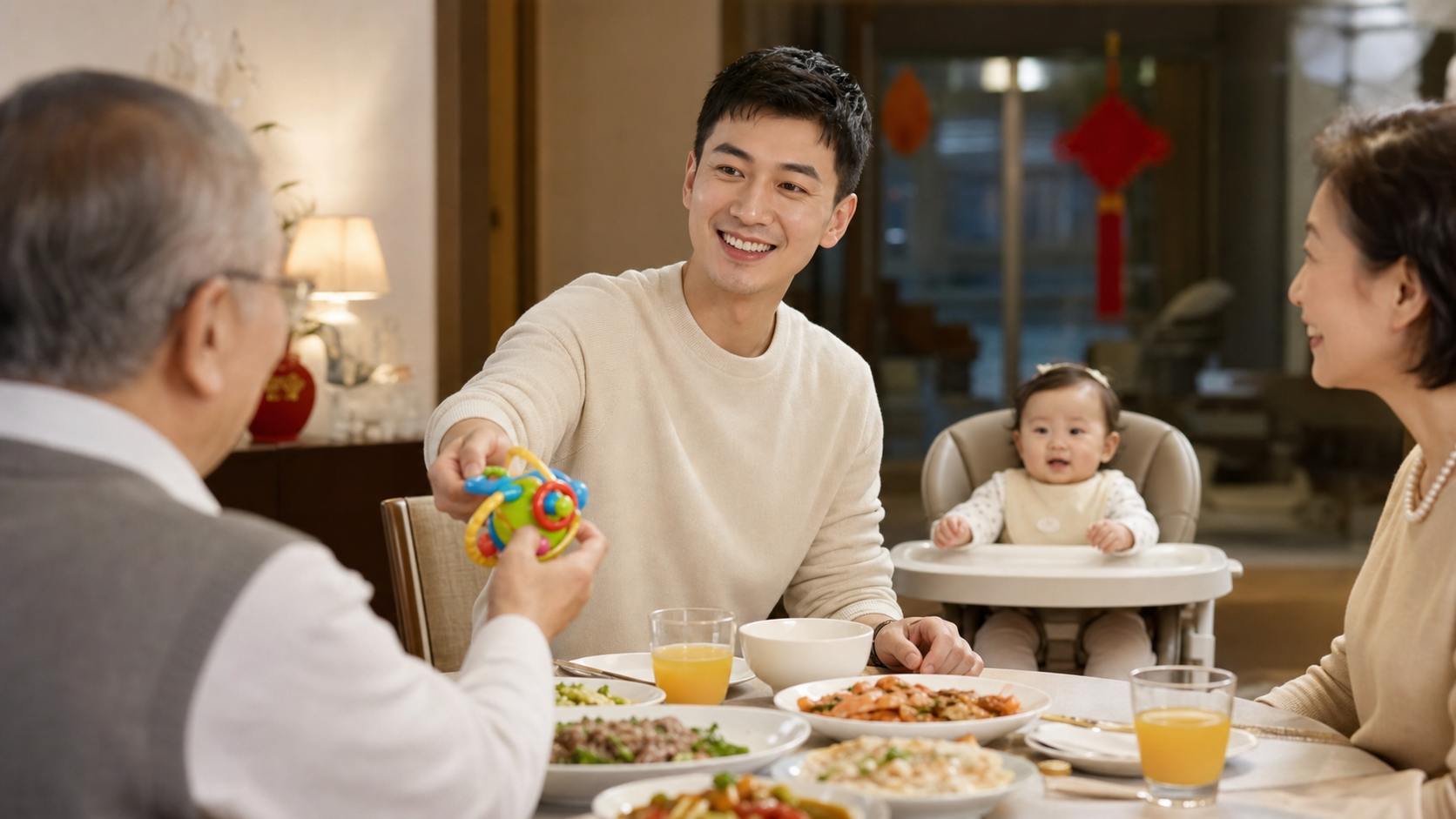 A warm, bright photo of a young Chinese father at 