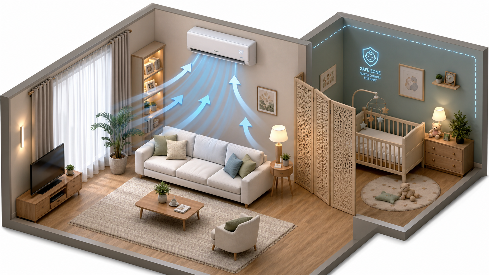 An isometric 3D illustration of a cozy modern livi
