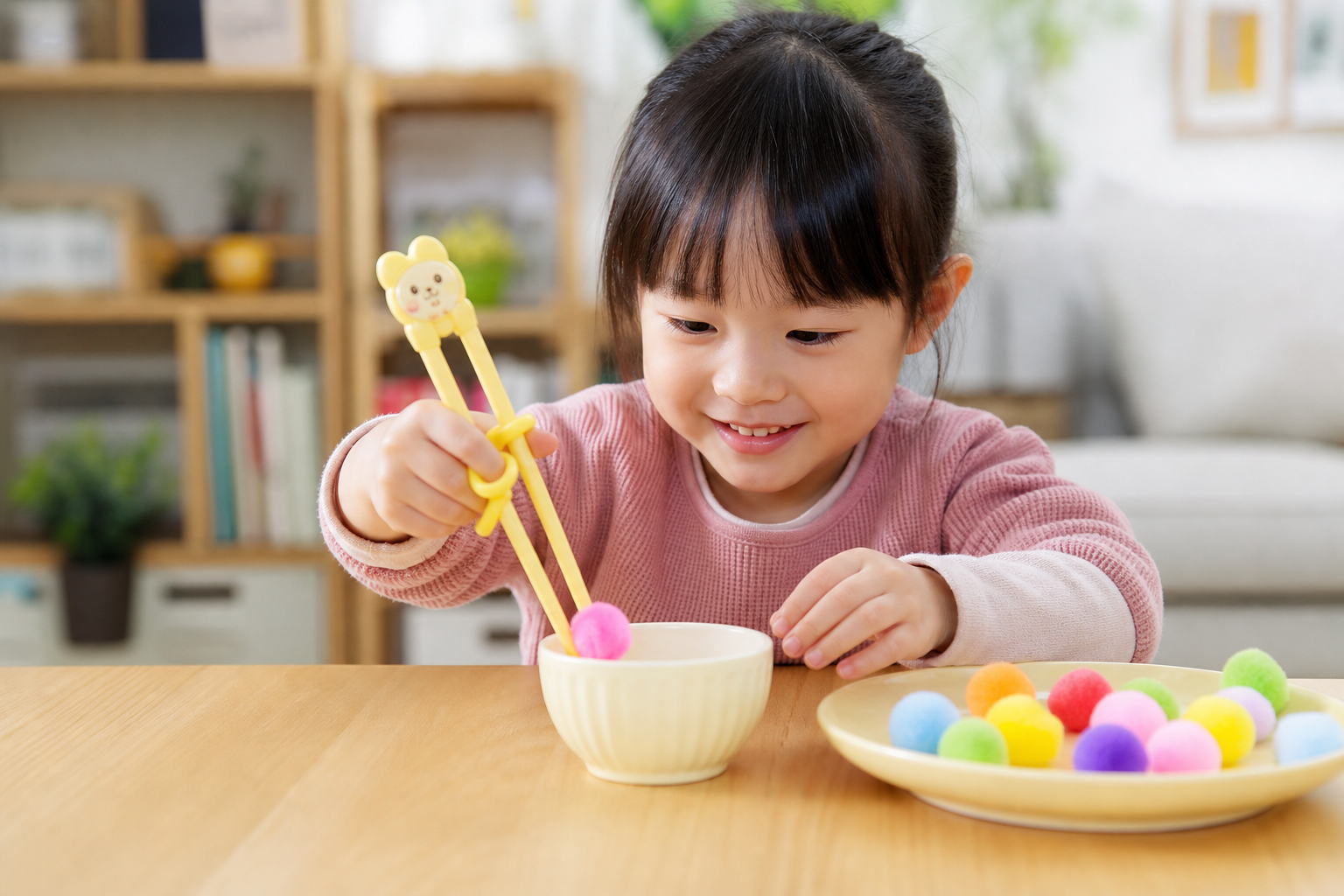 A 4-year-old Chinese kid sitting at a table, focus