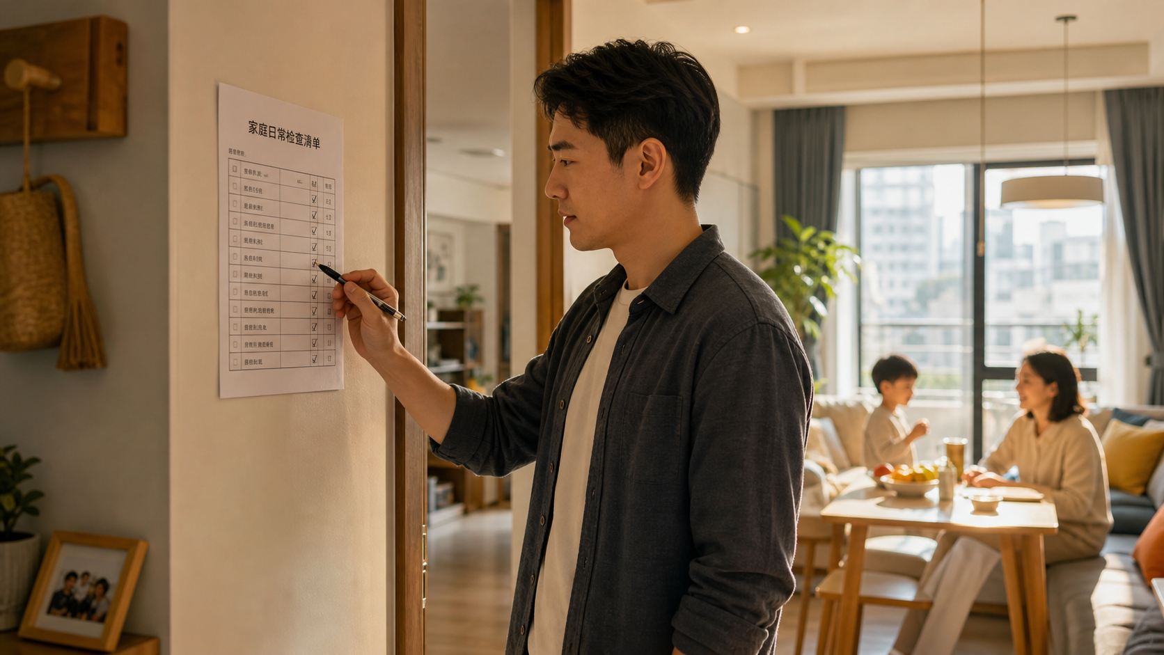 A young Chinese father standing at the doorway of 