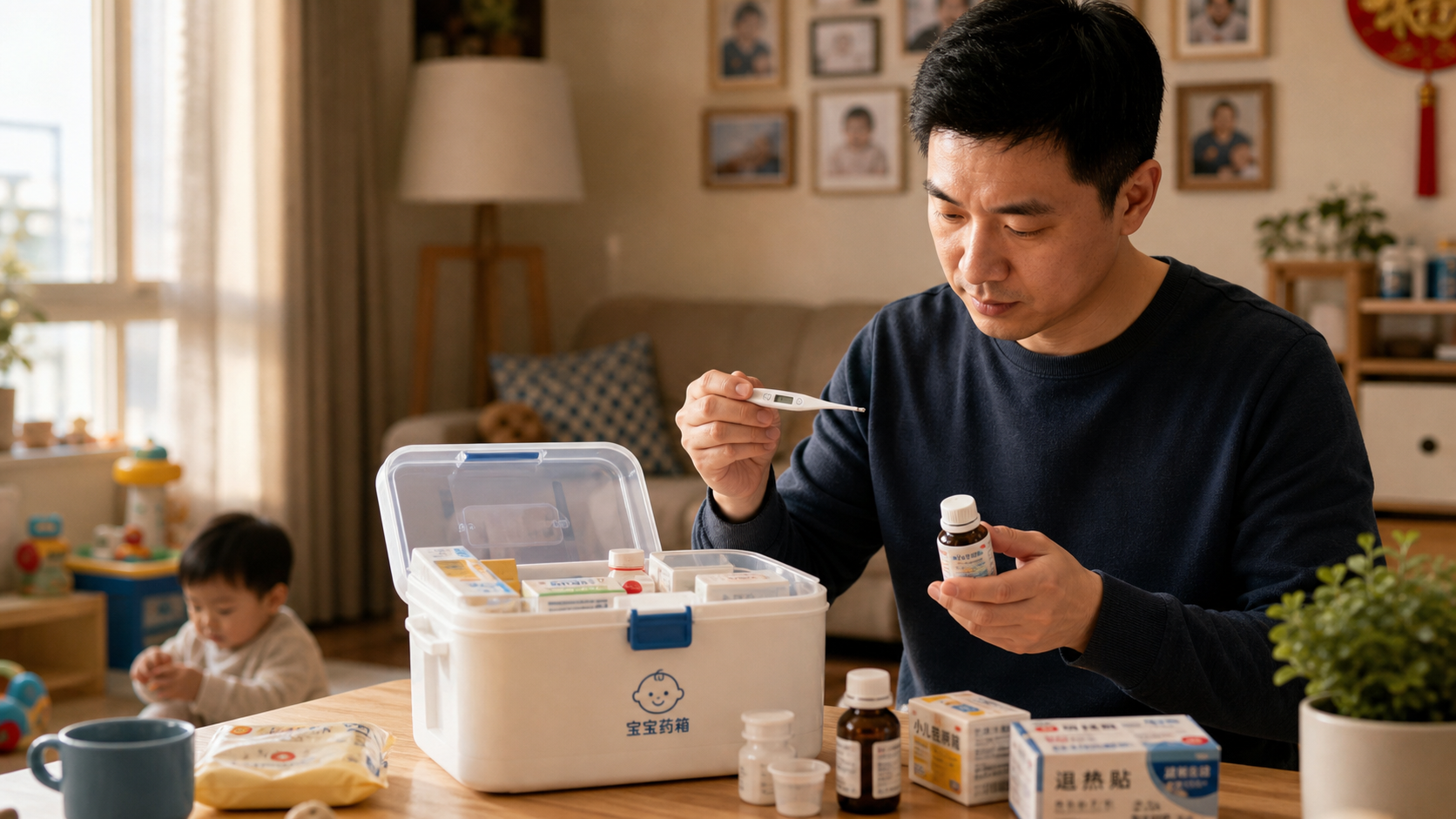A responsible Chinese father organizing a baby med