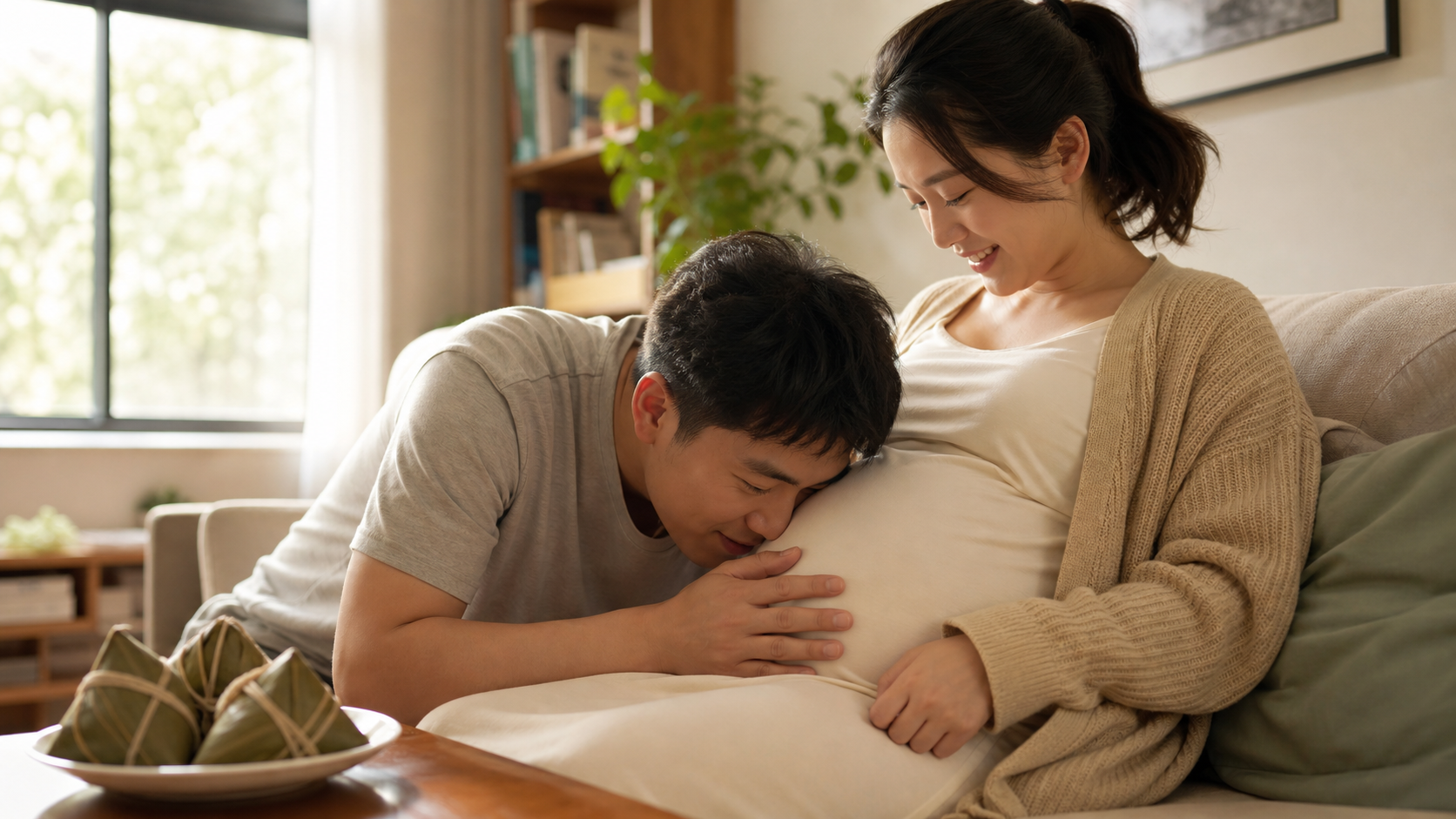 A loving Chinese young father gently whispering a 