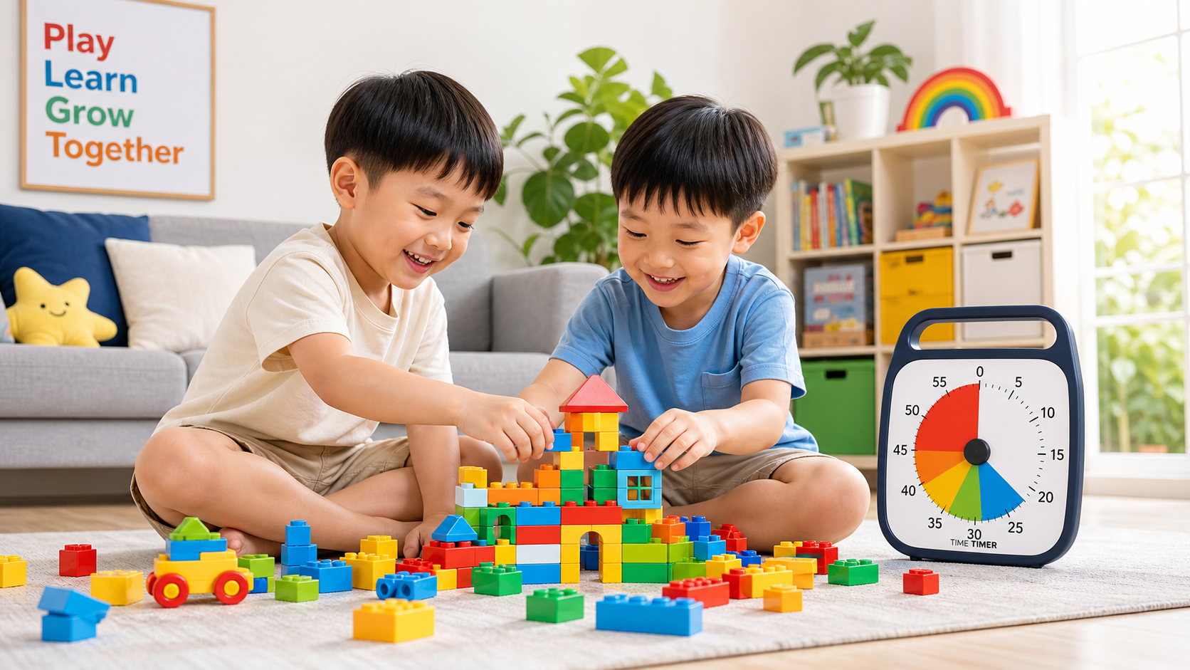 Two 5-year-old Chinese boys playing with building