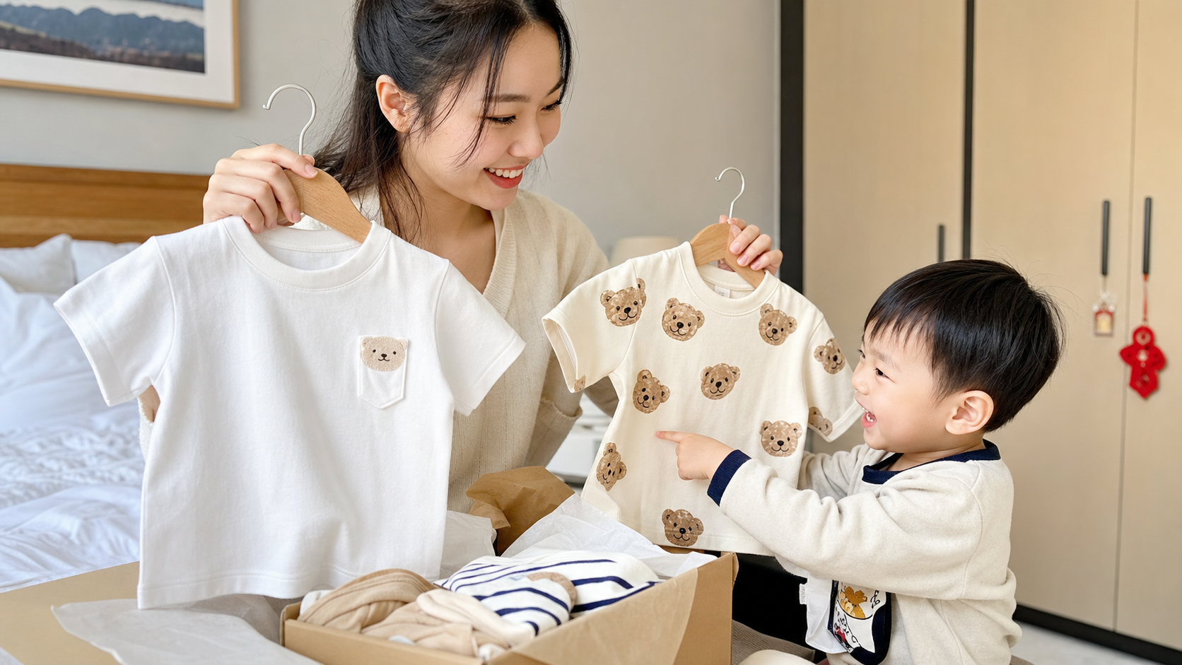 A close-up shot of a young Chinese mother holding 