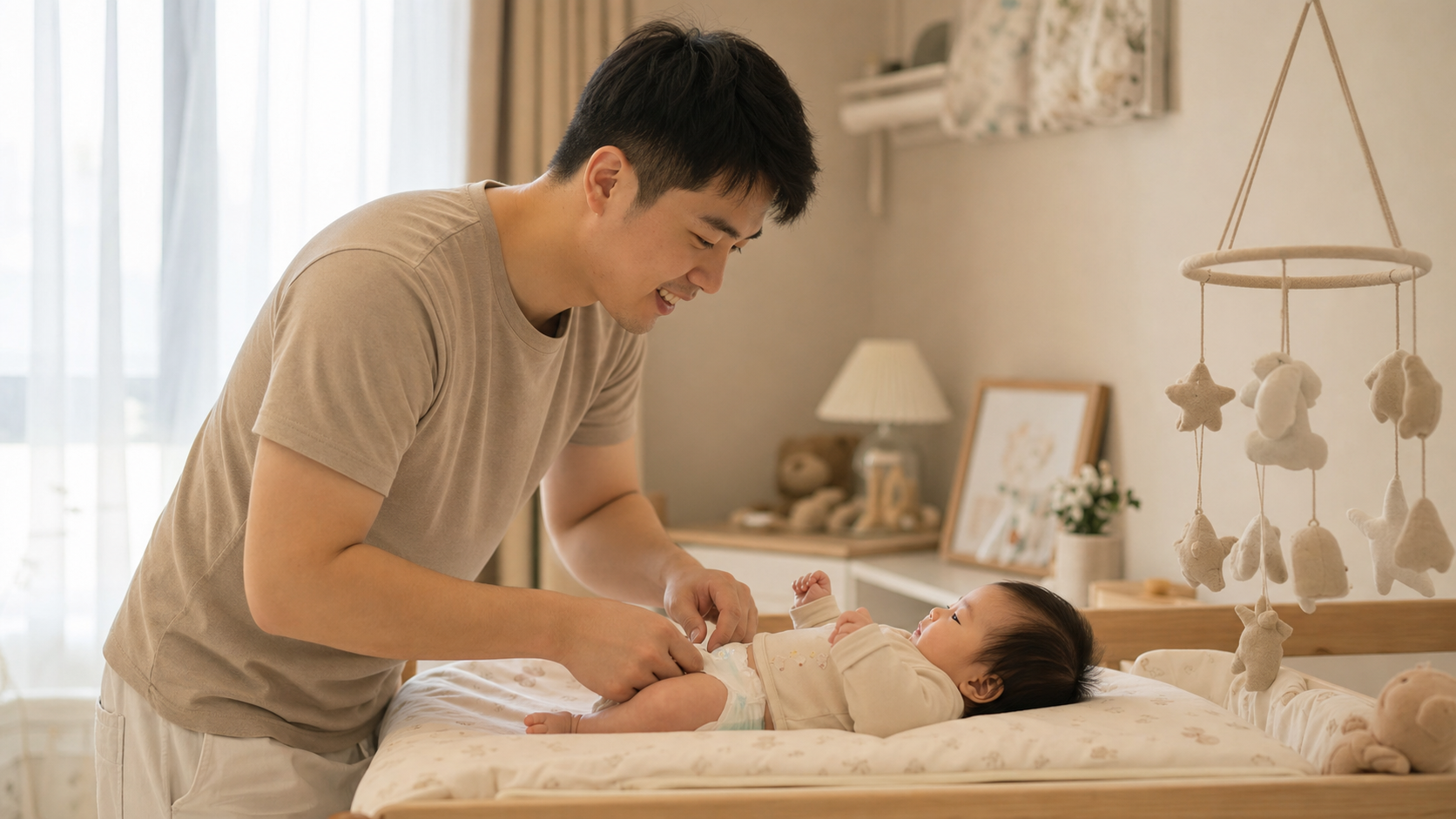 A young Chinese father gently changing a diaper fo
