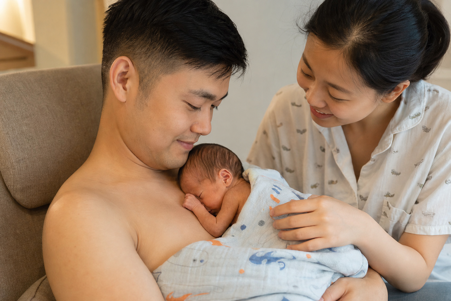 A caring Chinese father doing Kangaroo Mother Care