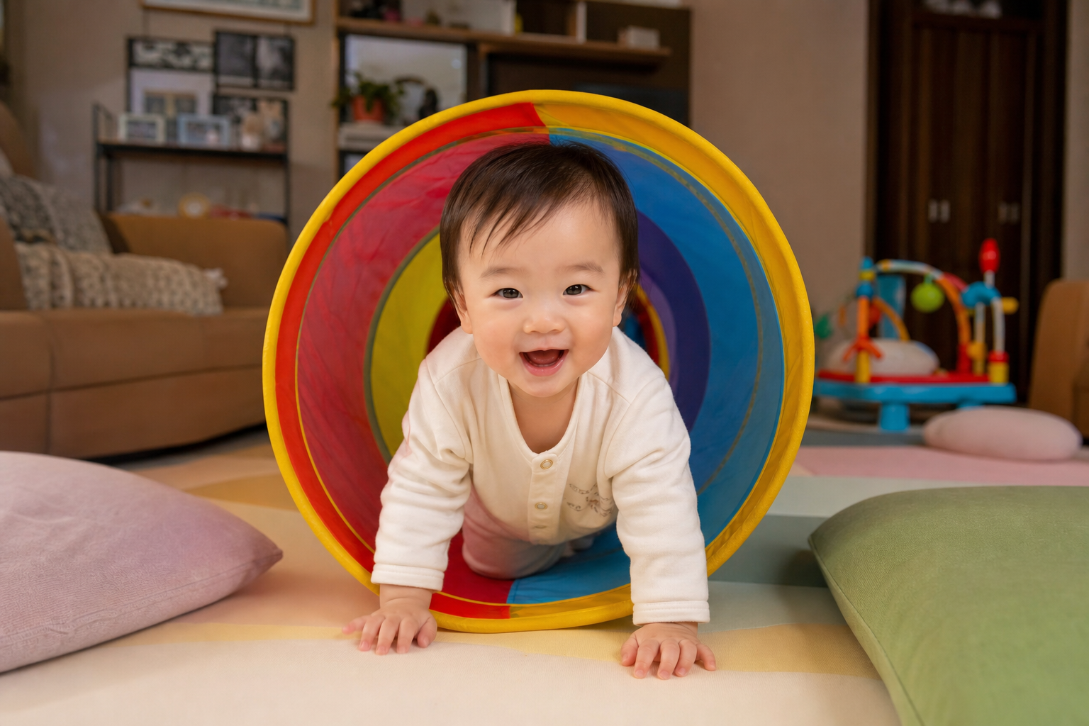 A 1.5-year-old Chinese baby happily crawling throu