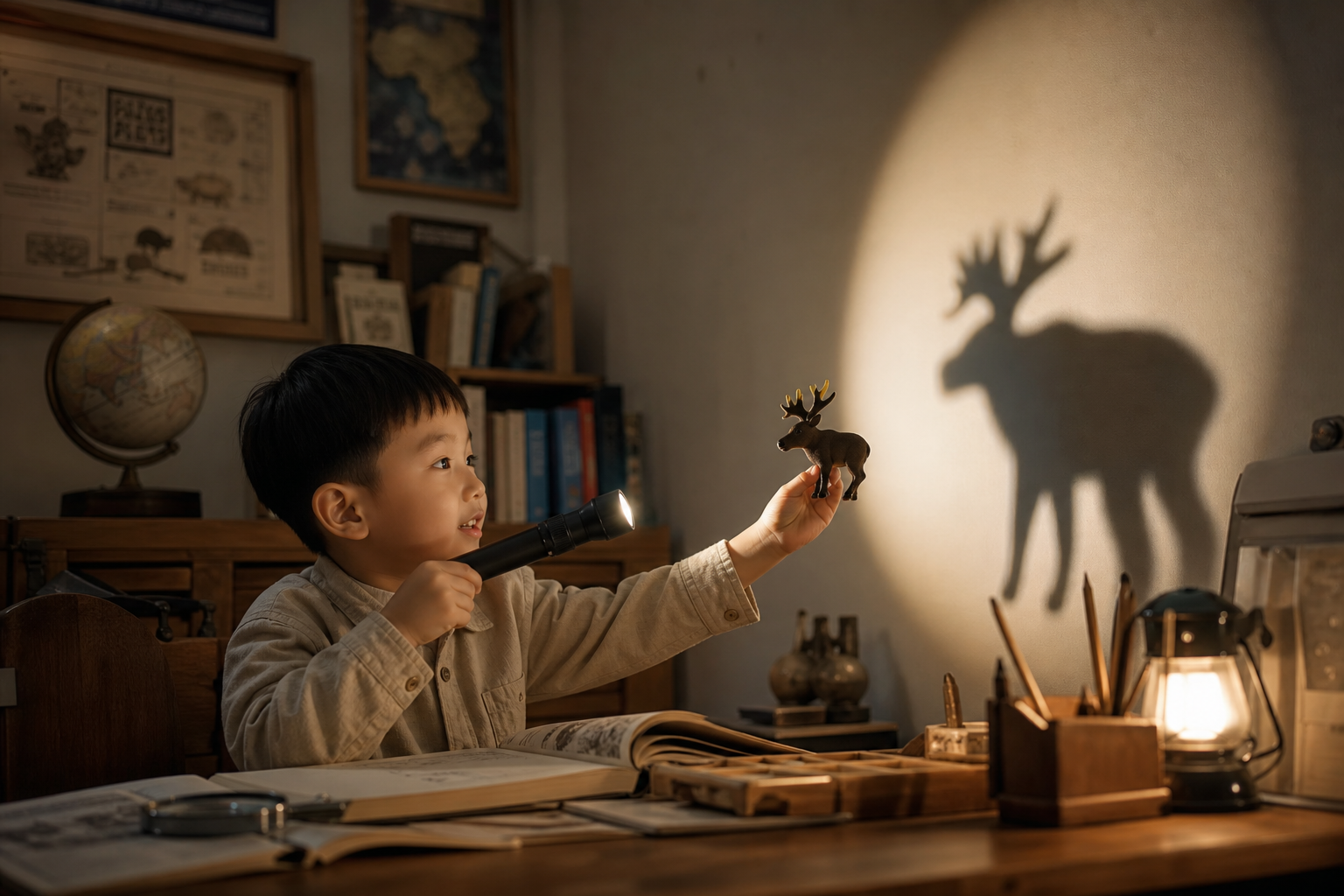 A cute 5-year-old Chinese boy playing with a flash
