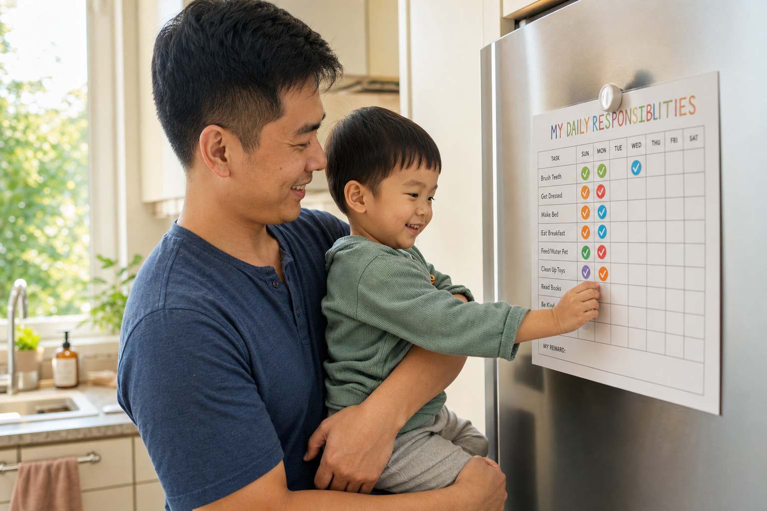 A warm and cozy home scene. A handsome Chinese dad