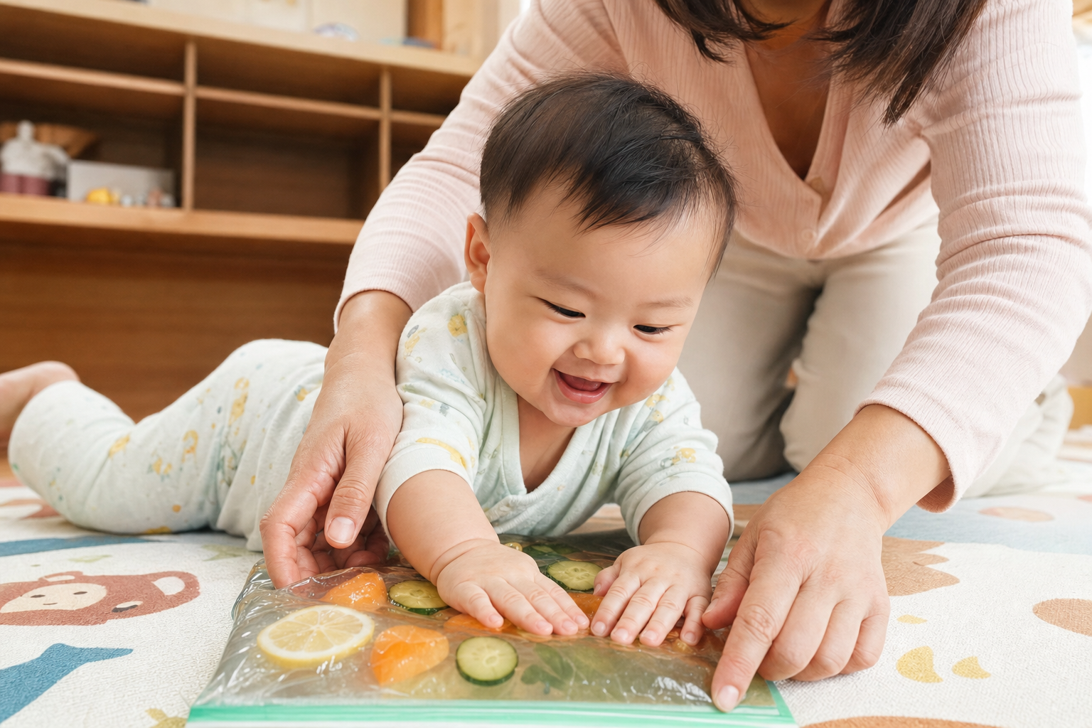 A cute 8-month-old Chinese baby lying on their tum