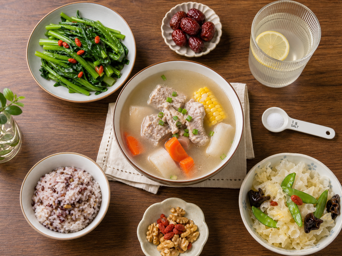 A top-down view of a healthy and balanced Chinese 