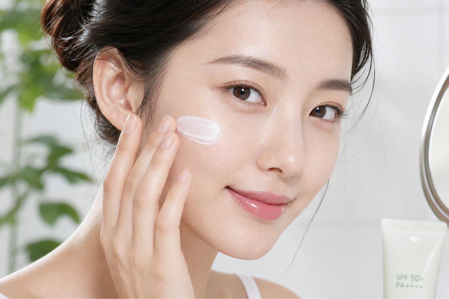 A close-up shot of a Chinese woman gently pressing