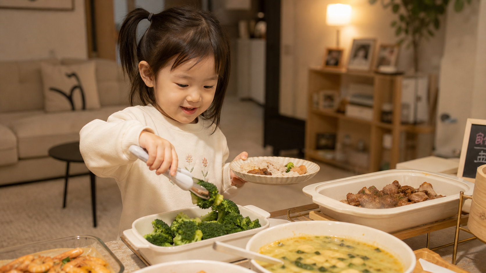 A cute 3-year-old Chinese toddler happily serving 