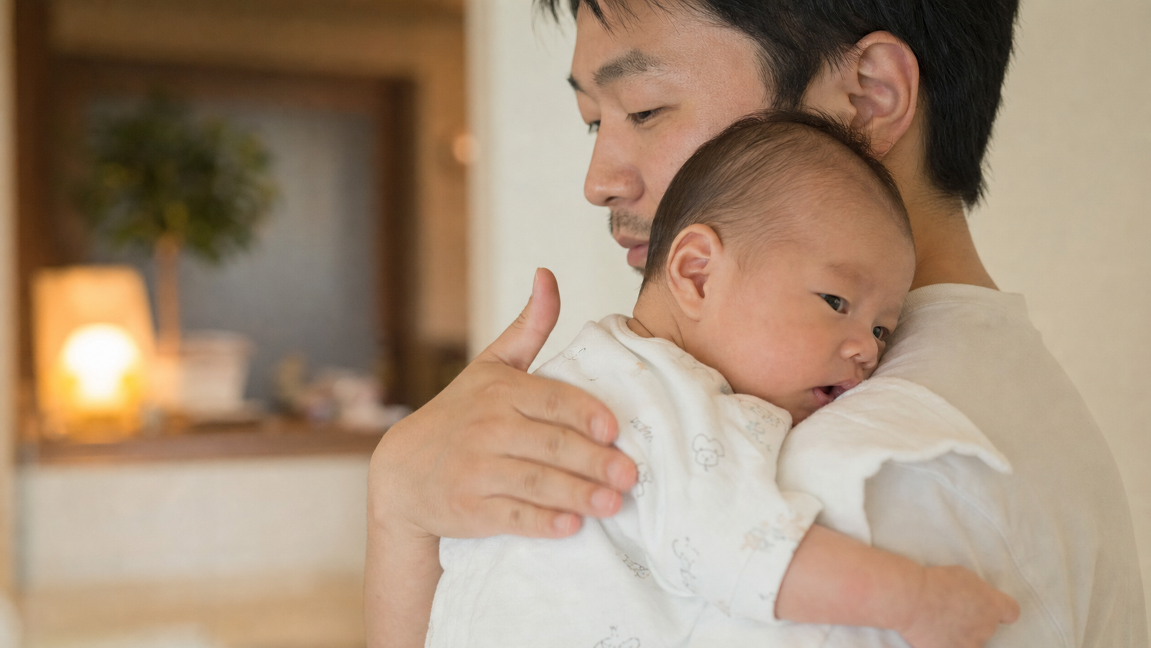 A close-up shot of a caring Chinese father gently 