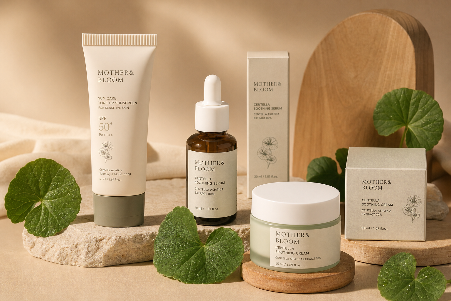 A beautifully arranged still life of skincare prod