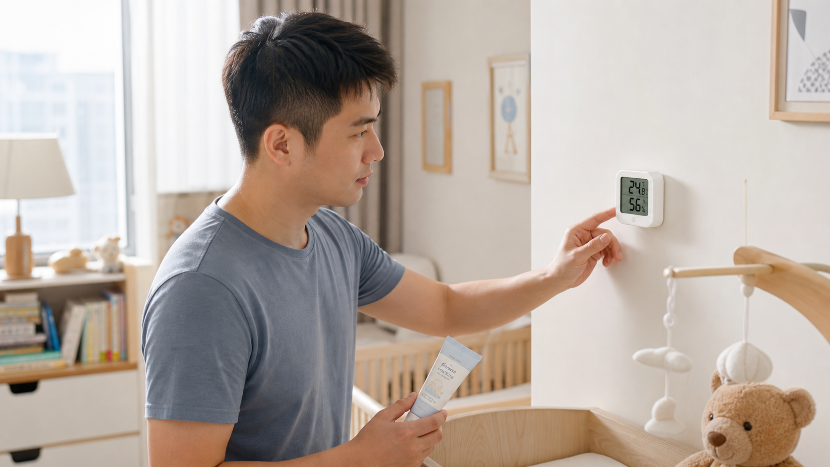 A responsible Chinese young father checking a digi
