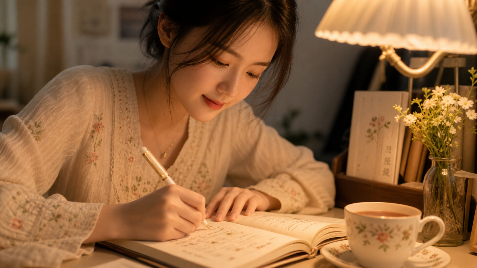 Close up shot, a Chinese young woman writing in a