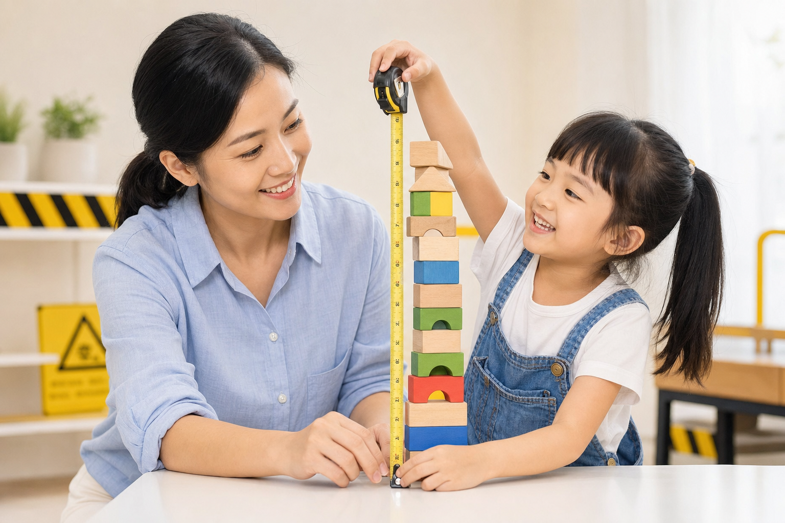 A Chinese mother and her little daughter measuring