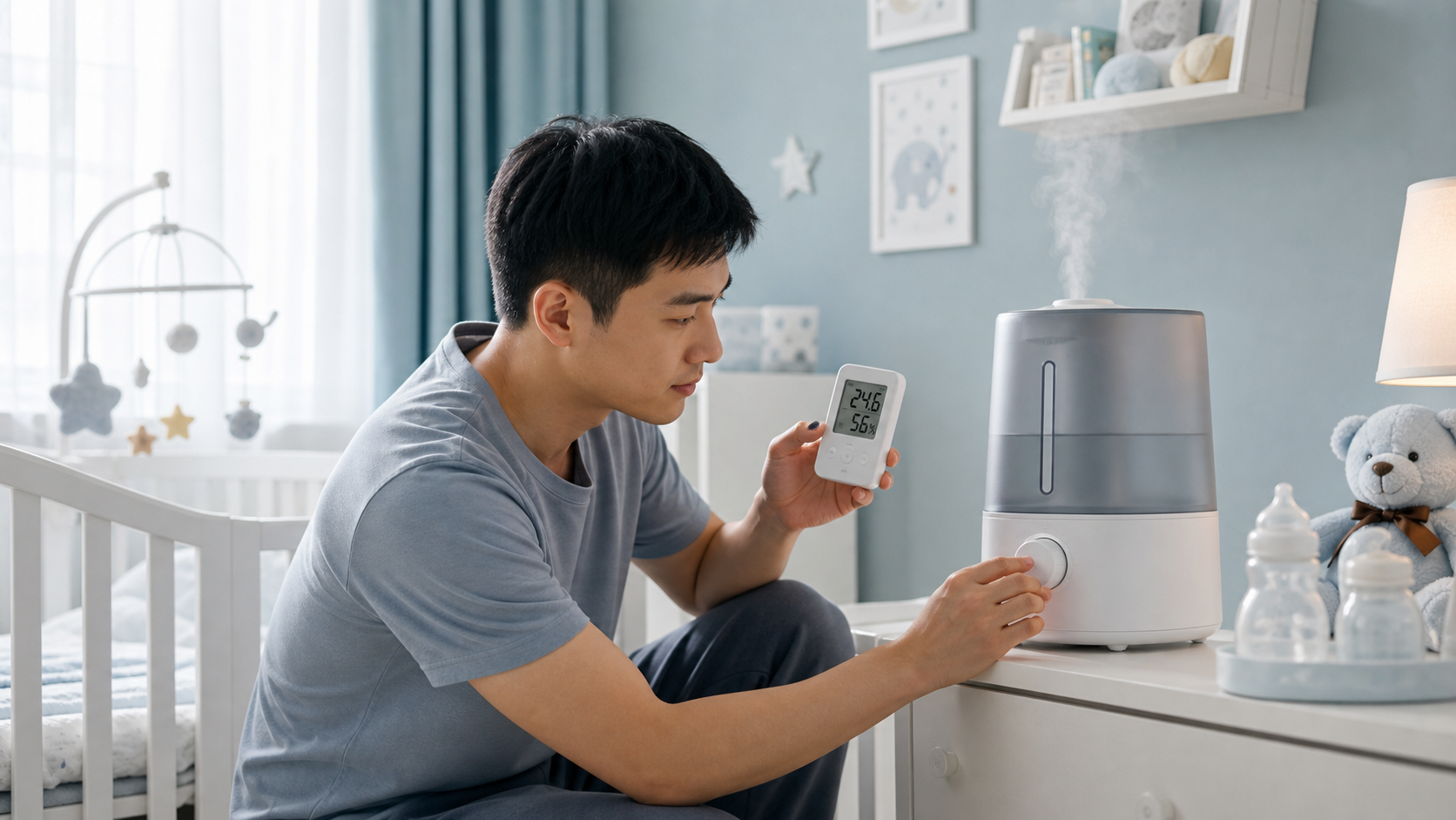 A caring young Chinese father carefully adjusting 