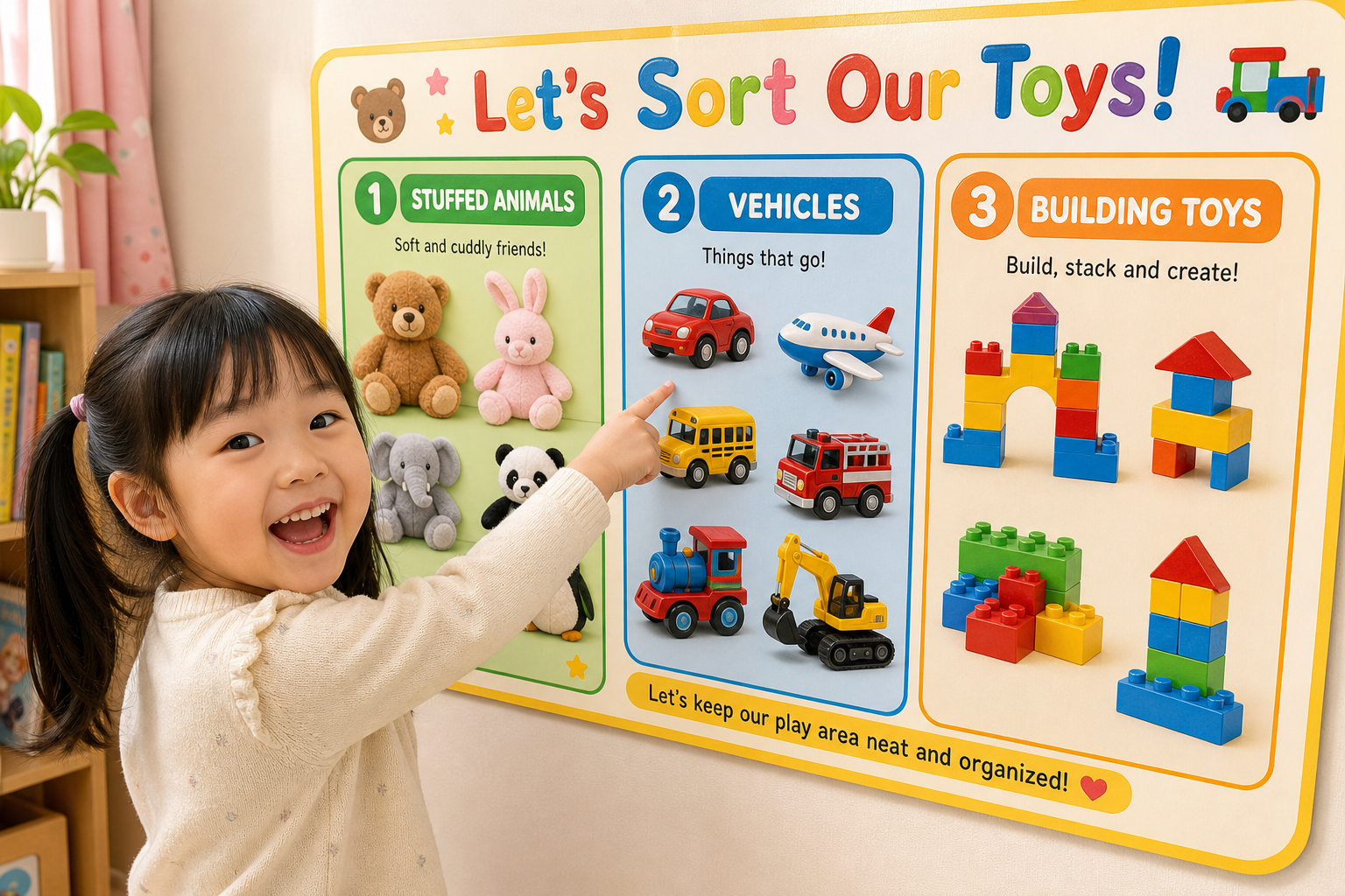 A bright and colorful toy categorization chart on 