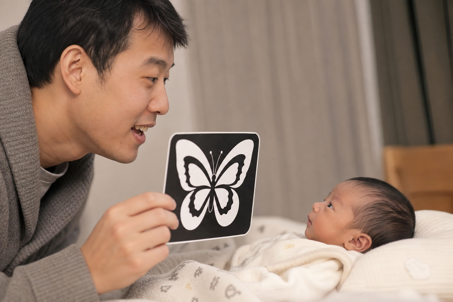 A gentle Chinese father holding a black and white 