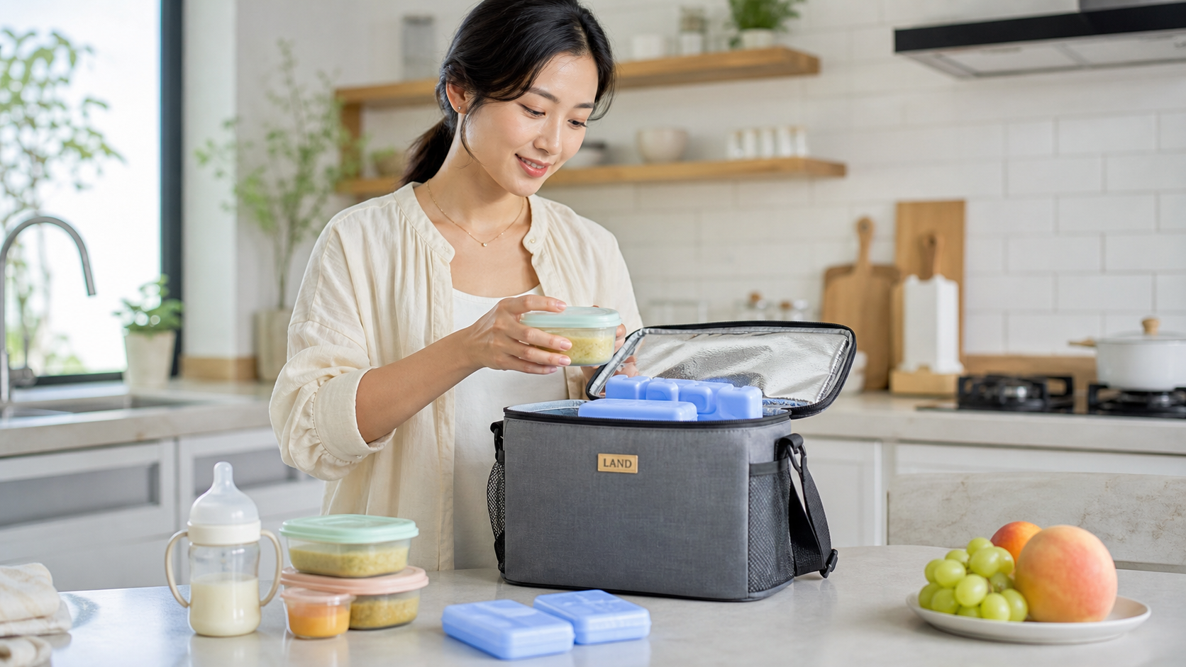 A young Chinese mother carefully packing baby food