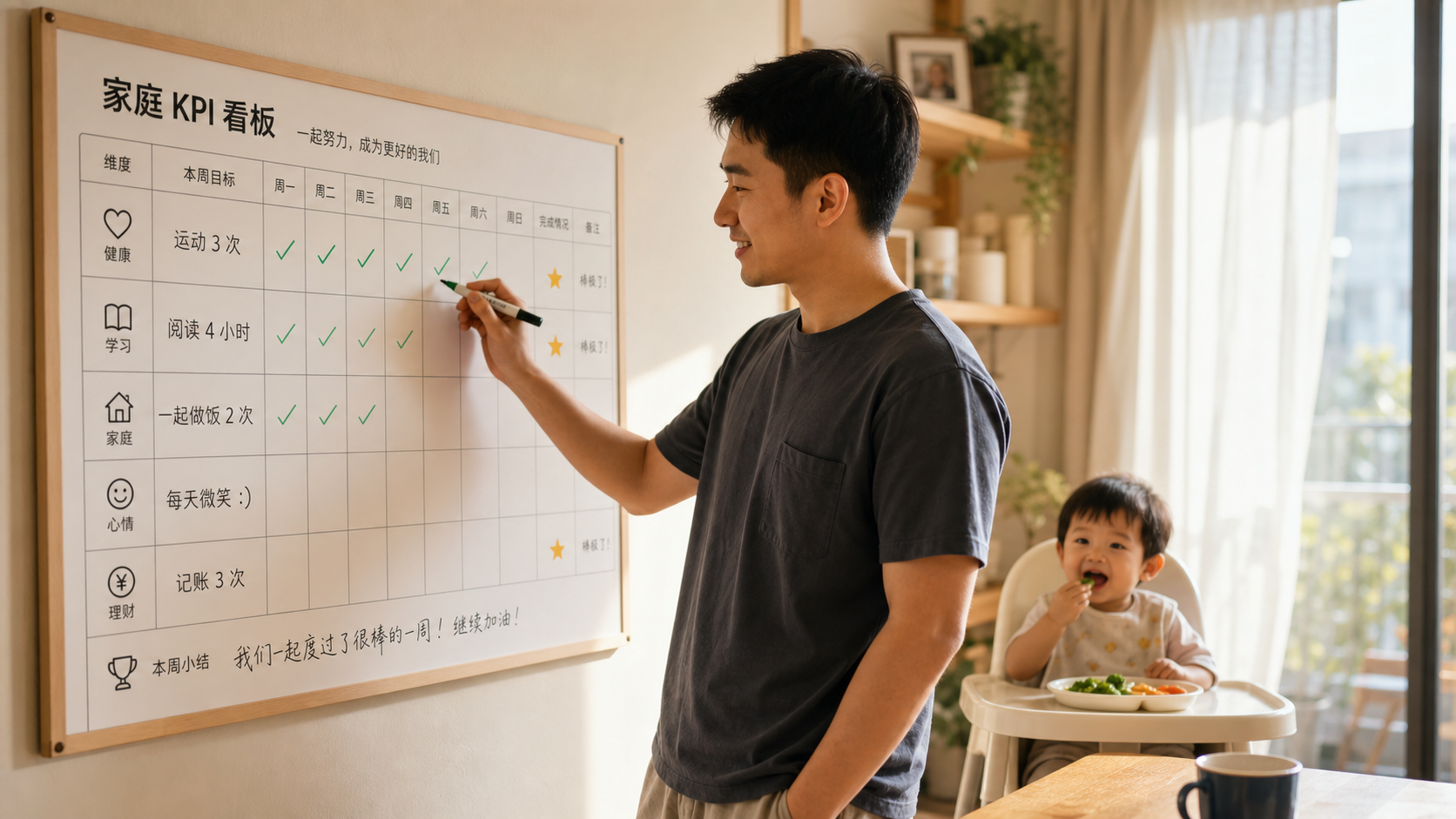 A warm and bright photo of a Chinese young dad sta
