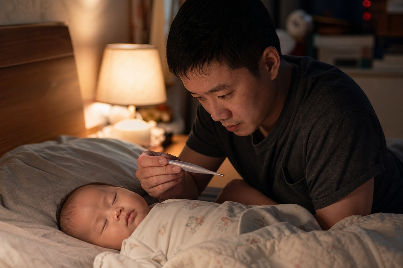 A cozy night scene, a young Chinese father careful
