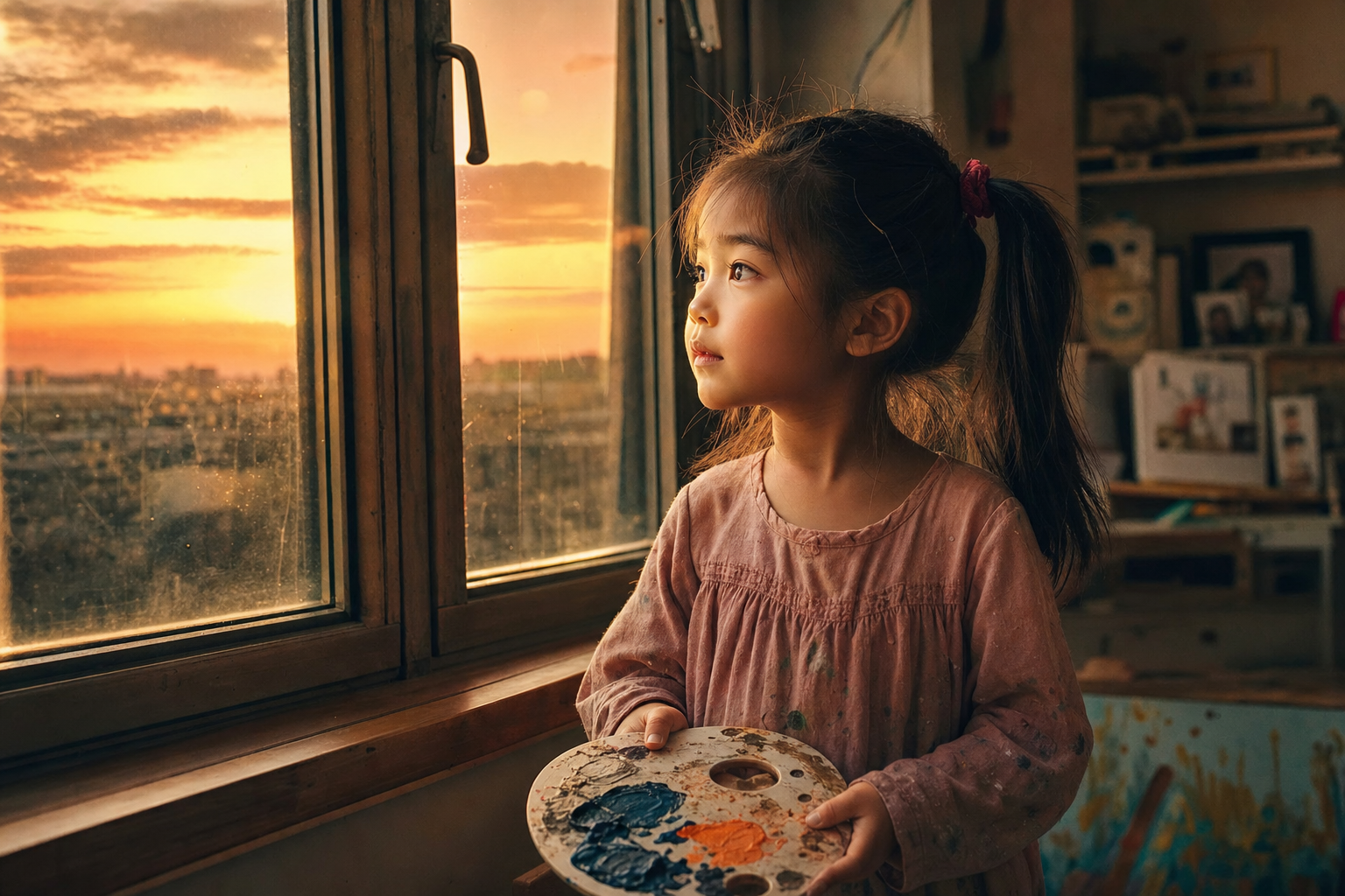 A 5-year-old Chinese girl standing by a window, ho