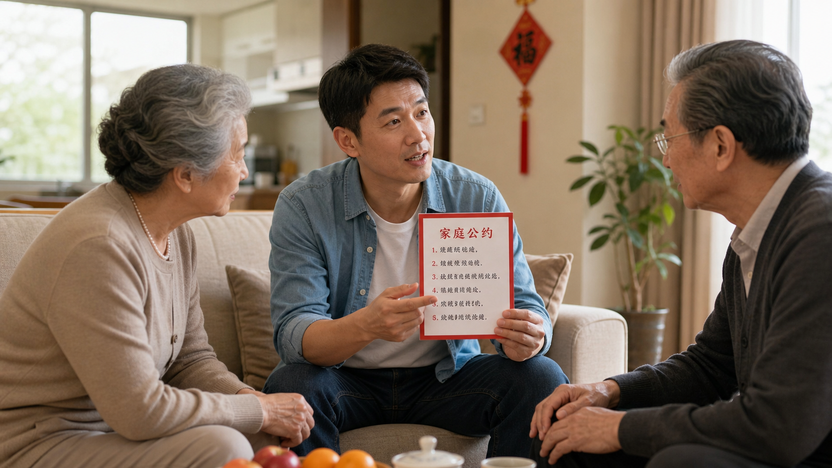 A modern Chinese father sitting in a bright living