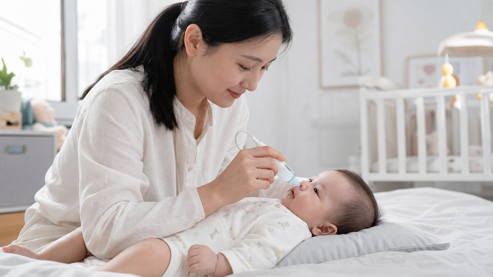 A gentle Chinese mother carefully using a baby nas