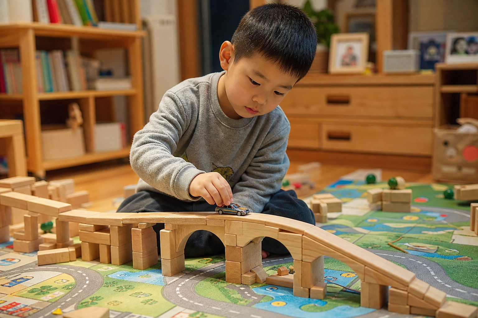 A focused 5-year-old Chinese boy building a wooden