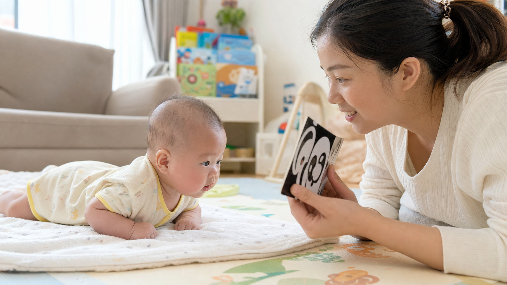 A photorealistic image of a young Chinese mother i