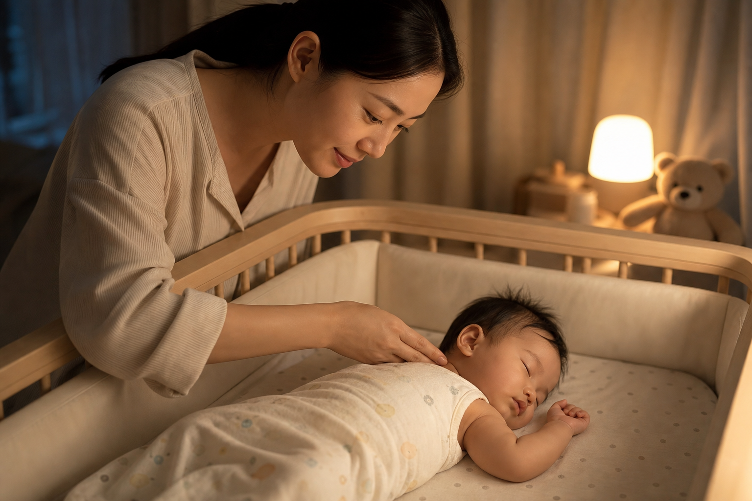 A gentle Chinese mother softly touching the back o
