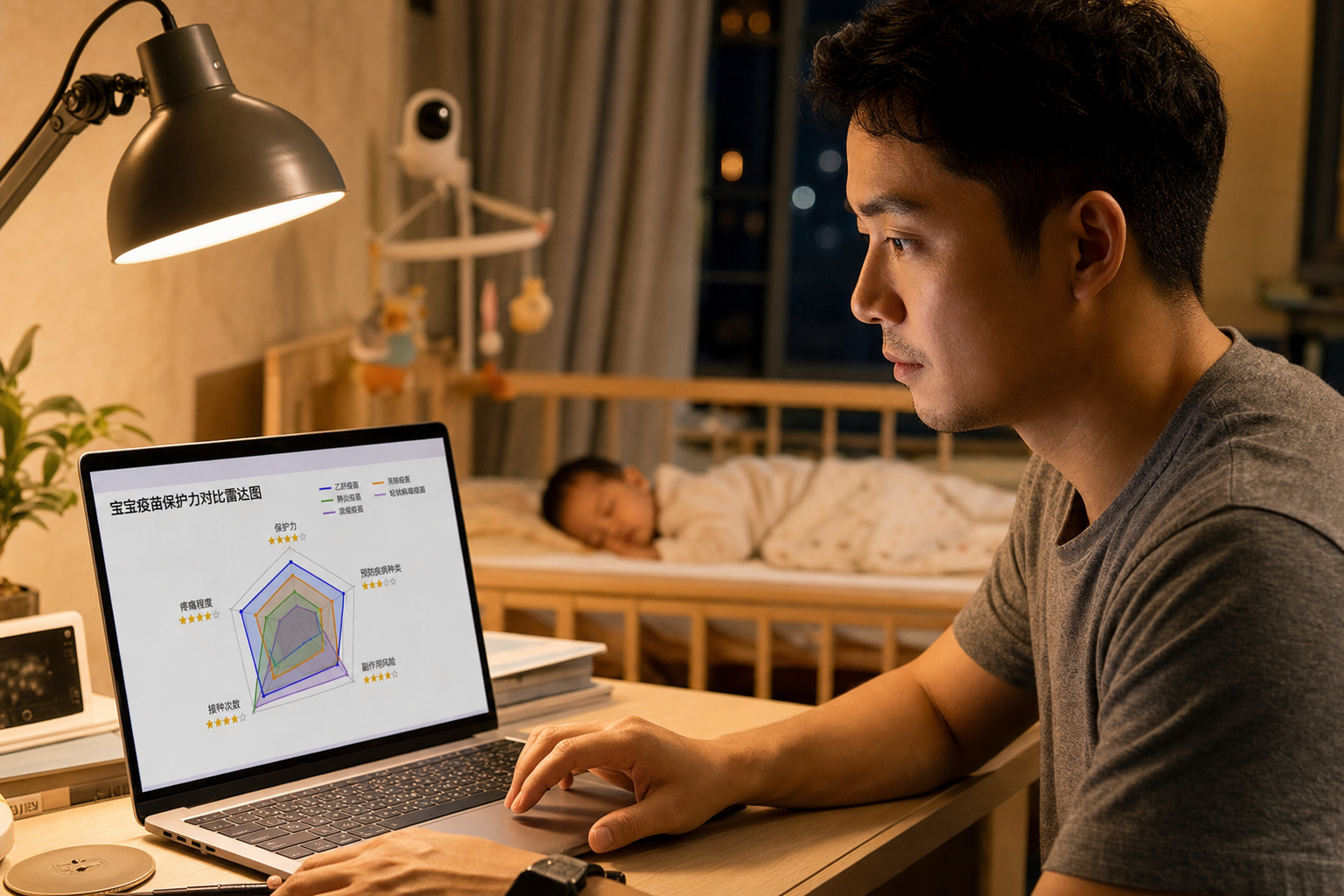 A focused young Chinese father sitting at a modern