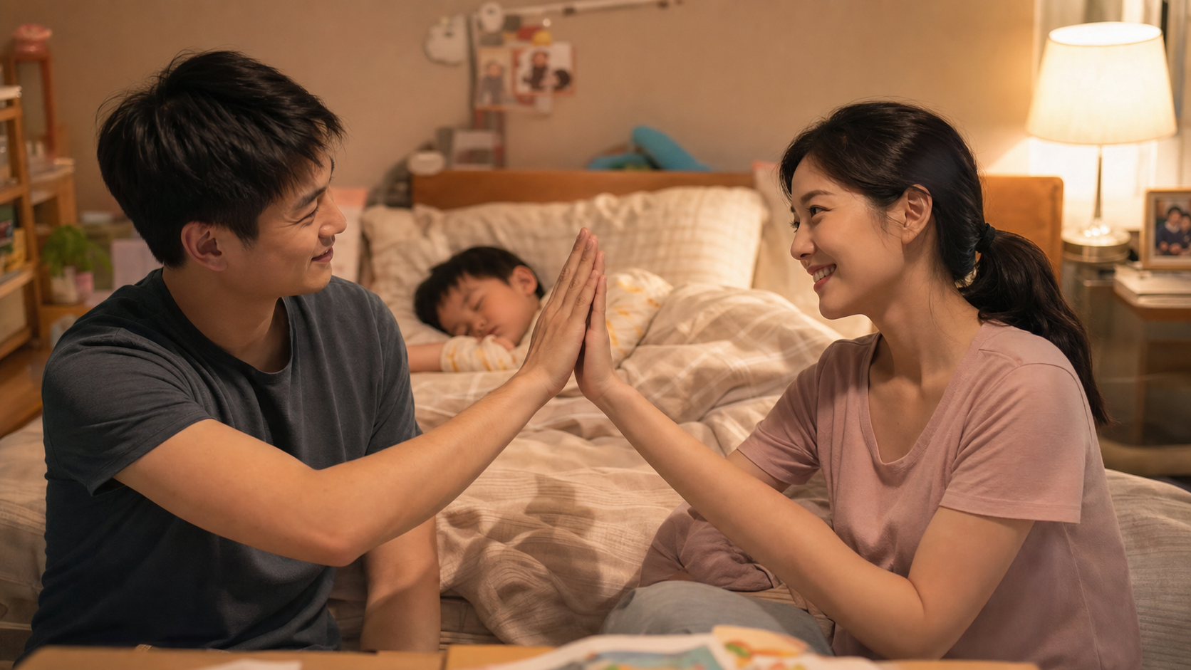A warm and realistic photo of a Chinese husband an