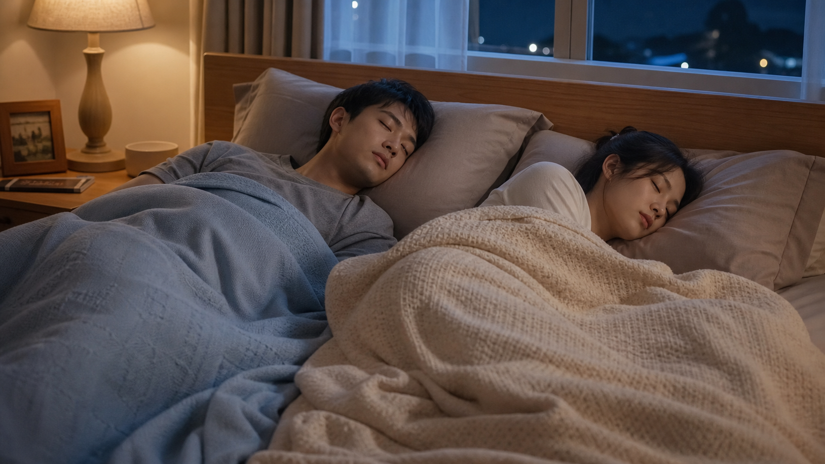 A young Chinese couple sleeping peacefully in a co