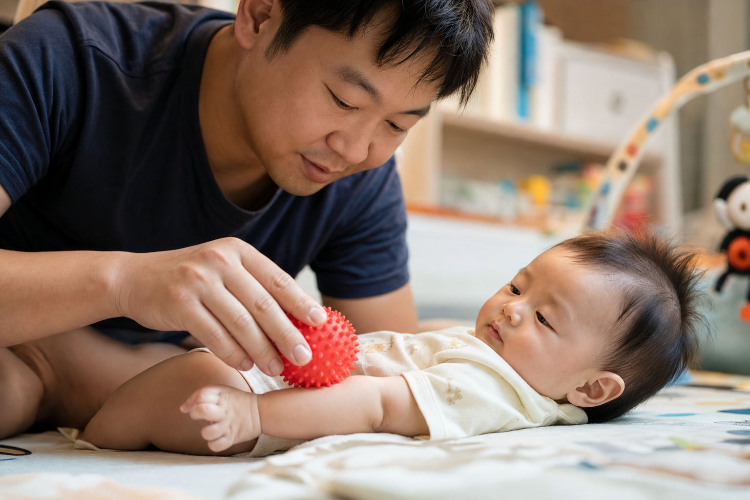 A close-up shot of a caring Chinese father gently 
