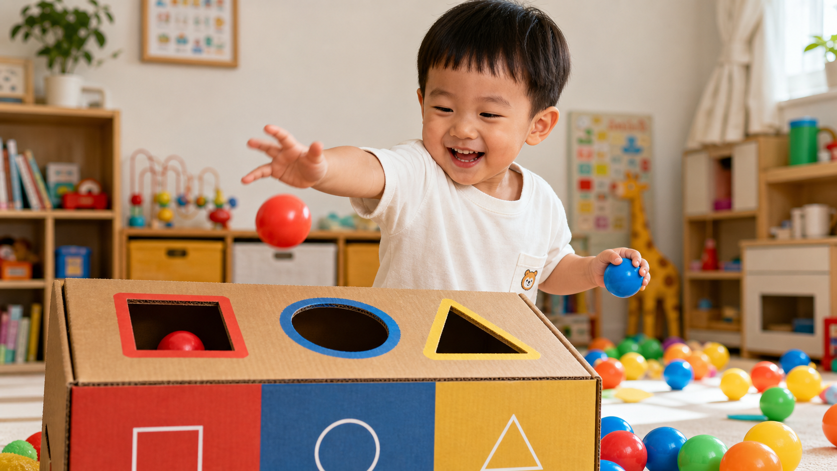 A cute Chinese child, about 3 years old, throwing 
