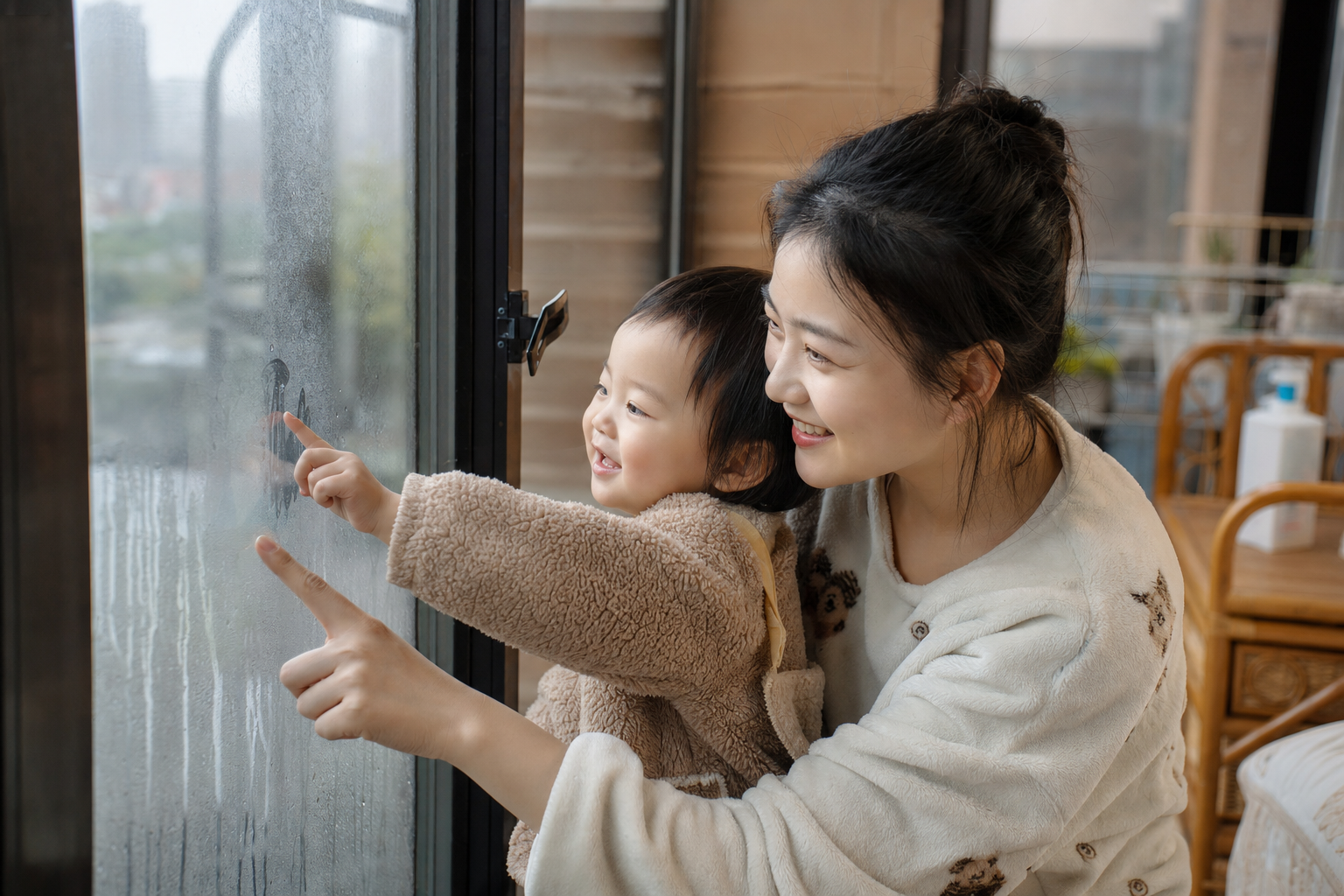 A young Chinese mother and her toddler playing on 