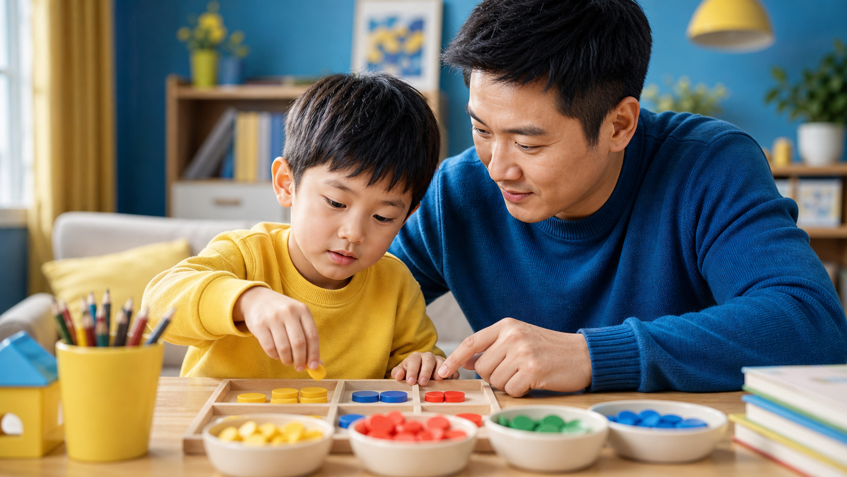 A Chinese father and his 6-year-old son playing a 