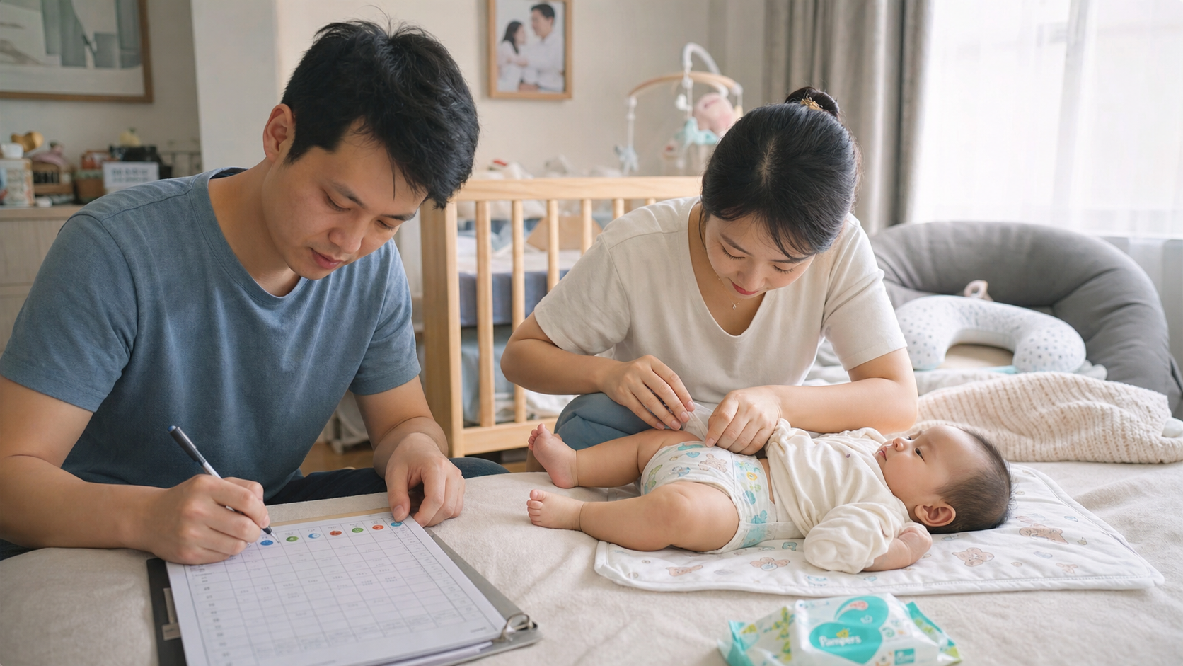 A young Chinese mother and father carefully checki