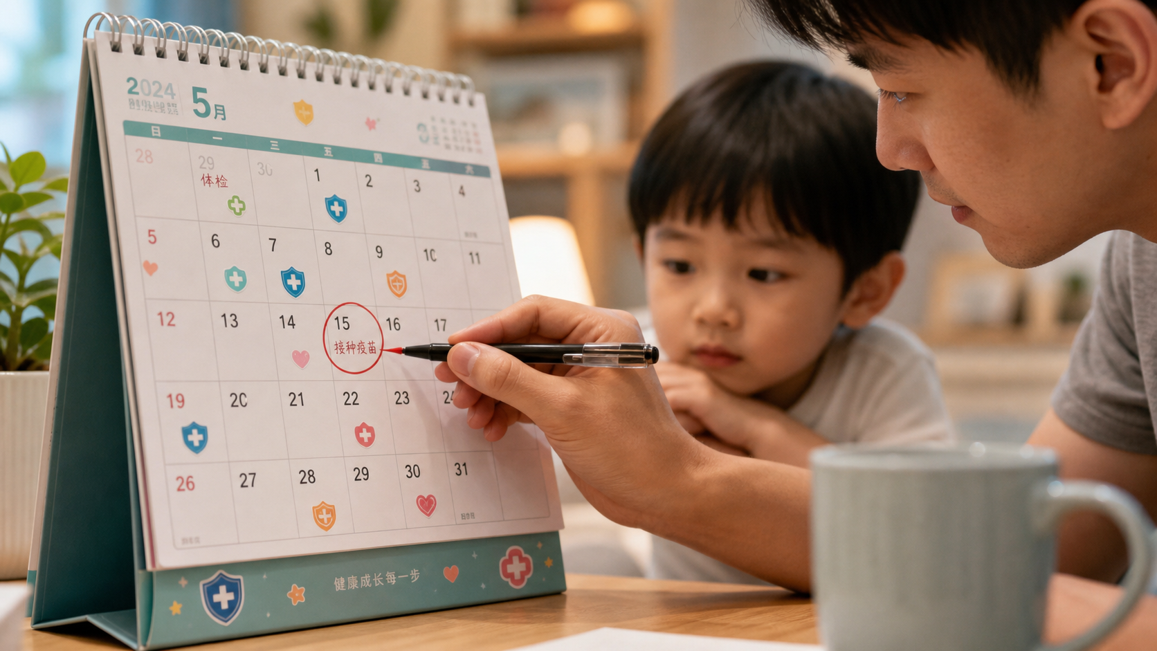 A close-up of a modern, colorful desk calendar wit
