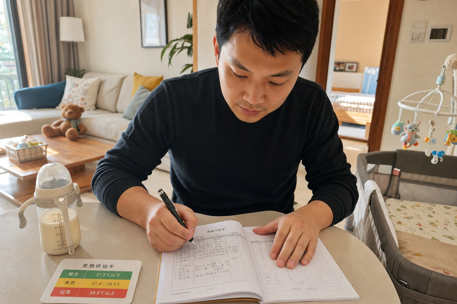 A bright, cozy living room. A young Chinese father