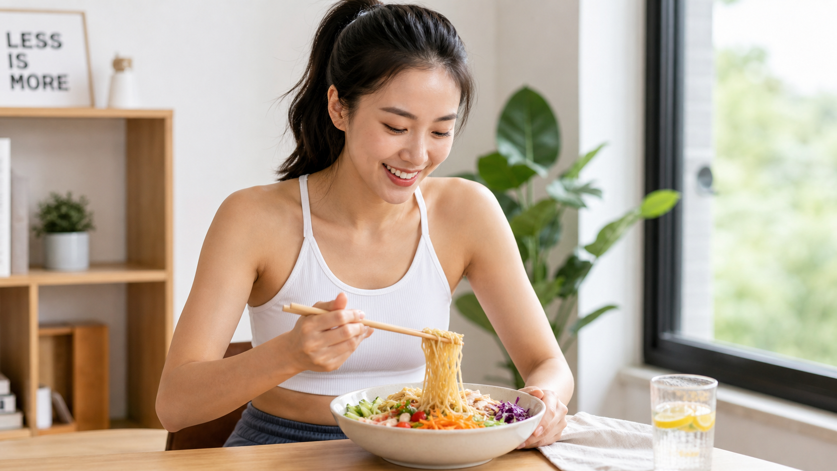 A healthy, fit young Chinese woman sitting at a br