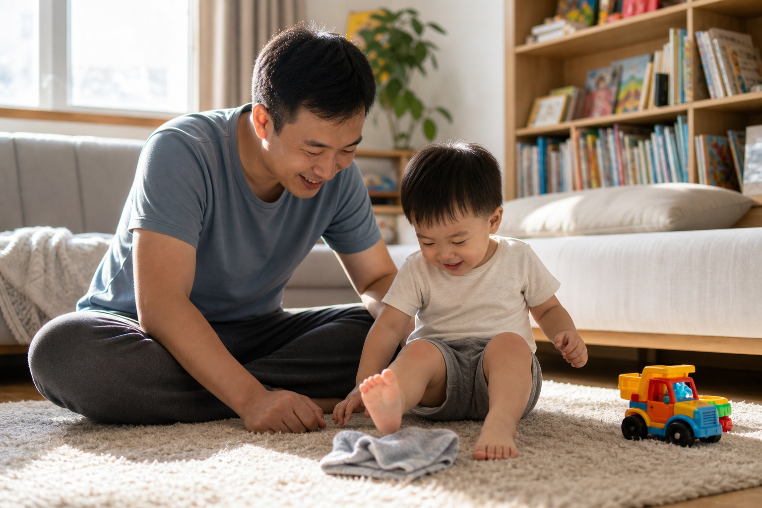 A heartwarming indoor scene. A Chinese father is s