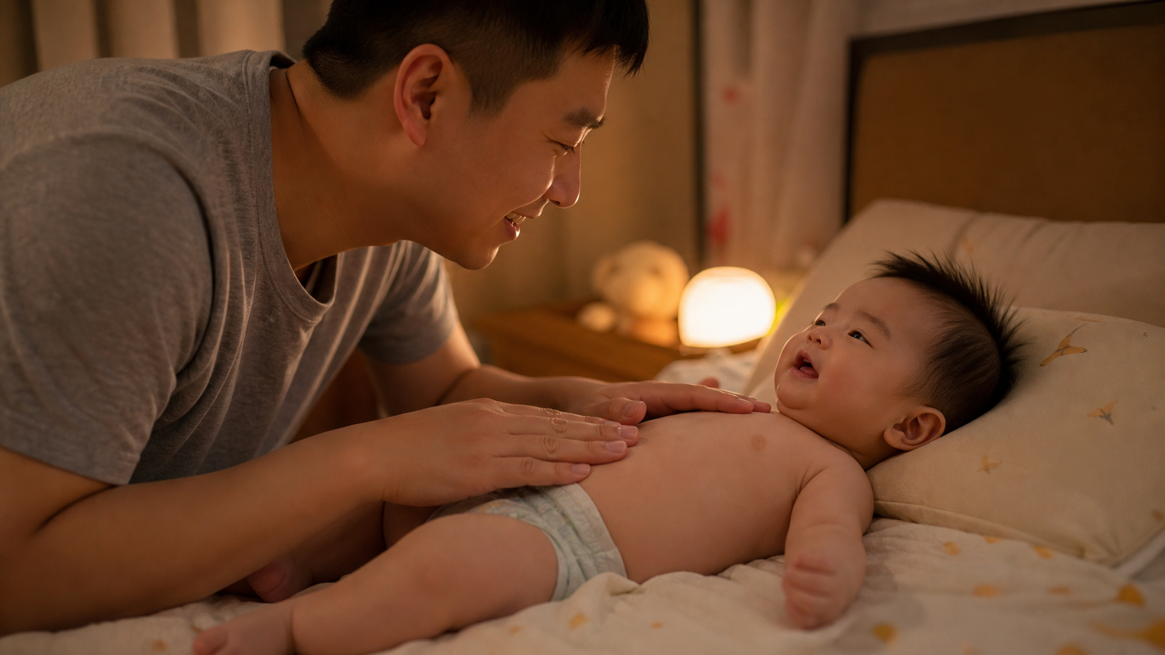 A warm and loving scene of a young Chinese father 